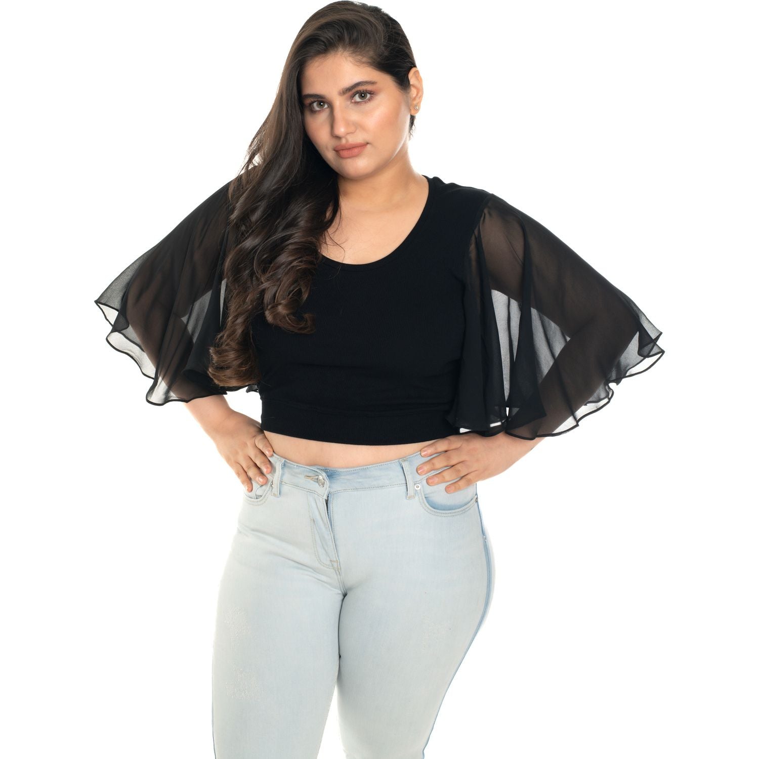 Hosiery Deep Neck Blouses - Butterfly Sleeves - Plus Size - Black - Blouse featured