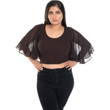 Load image into Gallery viewer, Hosiery Deep Neck Blouses - Butterfly Sleeves - Regular Size - Dark Brown - Blouse featured