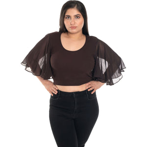 Hosiery Deep Neck Blouses - Butterfly Sleeves - Plus Size - Dark Brown - Blouse featured