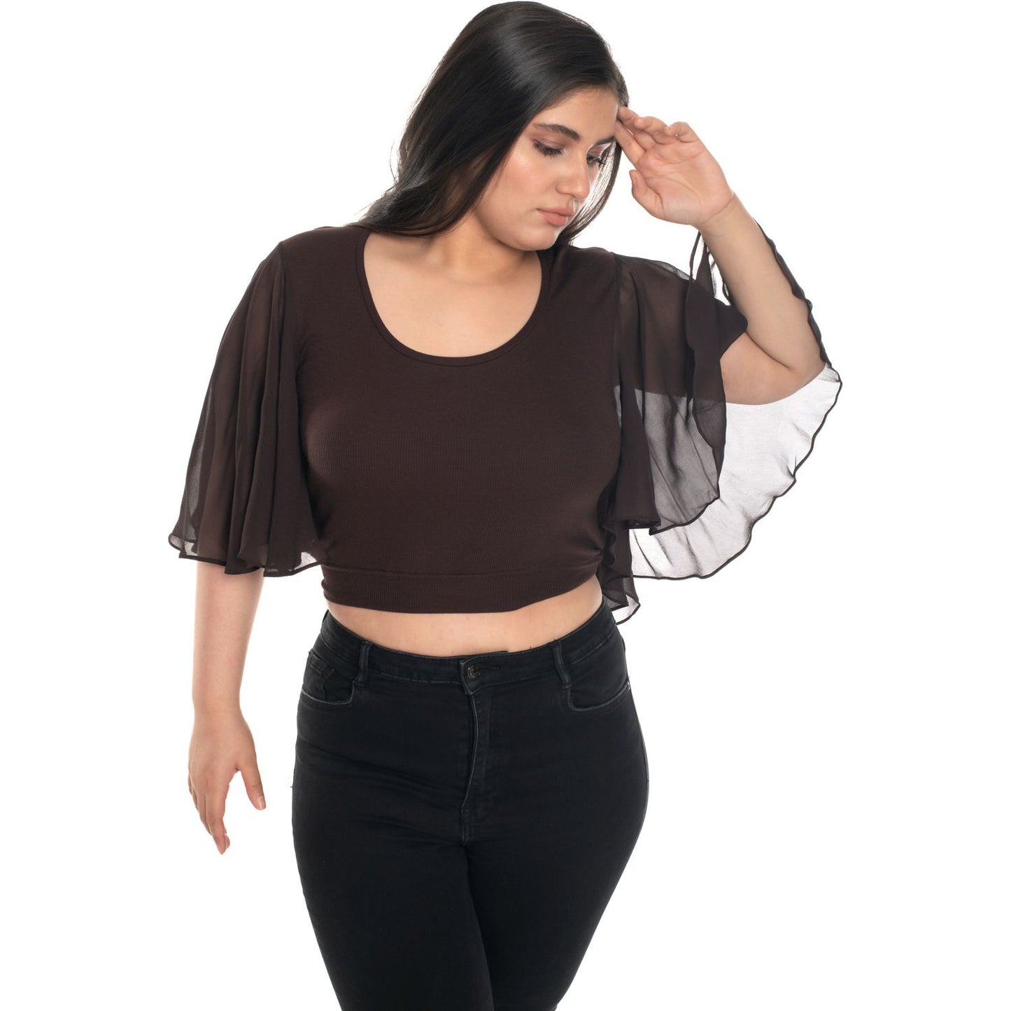 Hosiery Deep Neck Blouses - Butterfly Sleeves - Regular Size - Dark Brown - Blouse featured