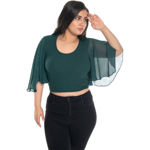 Hosiery Deep Neck Blouses - Butterfly Sleeves - Regular Size - Green - Blouse featured