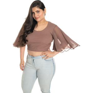 Hosiery Deep Neck Blouses - Butterfly Sleeves - Plus Size - Light Brown - Blouse featured