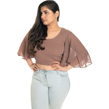 Load image into Gallery viewer, Hosiery Deep Neck Blouses - Butterfly Sleeves - Regular Size - Light Brown - Blouse featured