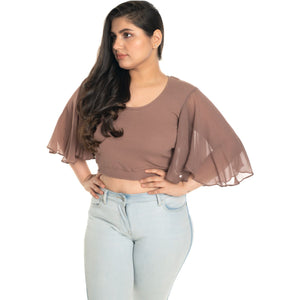 Hosiery Deep Neck Blouses - Butterfly Sleeves - Regular Size - Light Brown - Blouse featured
