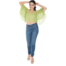Load image into Gallery viewer, Hosiery Deep Neck Blouses - Butterfly Sleeves - Regular Size - Lime Green - Blouse featured