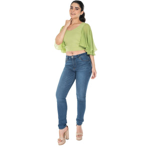 Hosiery Deep Neck Blouses - Butterfly Sleeves - Plus Size - Lime Green - Blouse featured