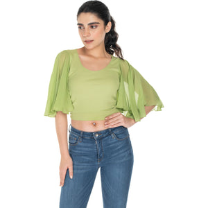 Hosiery Deep Neck Blouses - Butterfly Sleeves - Regular Size - Lime Green - Blouse featured