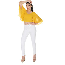 Load image into Gallery viewer, Hosiery Deep Neck Blouses - Butterfly Sleeves - Plus Size - Mango Yellow - Blouse featured