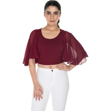 Load image into Gallery viewer, Hosiery Deep Neck Blouses - Butterfly Sleeves - Regular Size - Maroon - Blouse featured