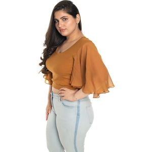 Hosiery Deep Neck Blouses - Butterfly Sleeves - Plus Size - Mustard - Blouse featured