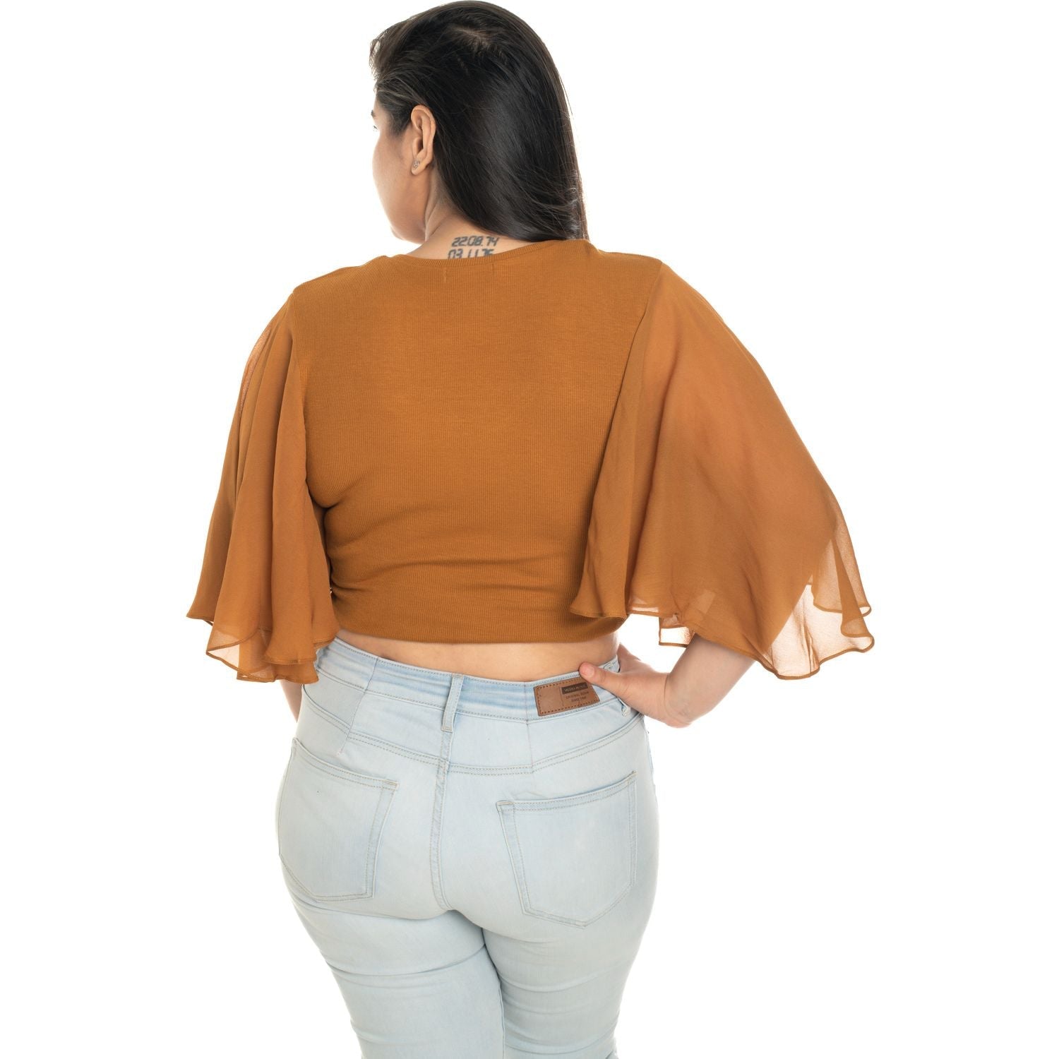 Hosiery Deep Neck Blouses - Butterfly Sleeves - Plus Size - Mustard - Blouse featured