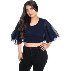 Hosiery Deep Neck Blouses - Butterfly Sleeves - Regular Size - Royal Blue - Blouse featured