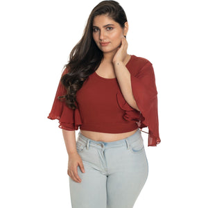 Hosiery Deep Neck Blouses - Butterfly Sleeves - Plus Size - Rust - Blouse featured