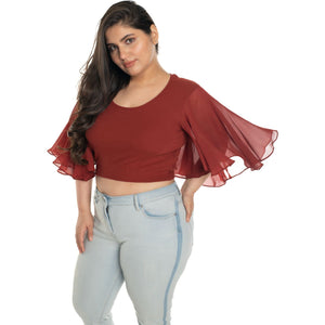 Hosiery Deep Neck Blouses - Butterfly Sleeves - Plus Size - Rust - Blouse featured