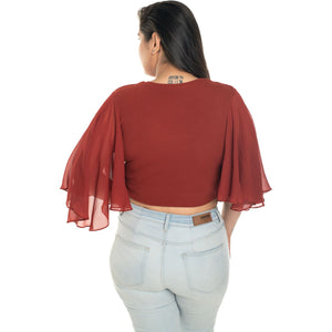 Hosiery Deep Neck Blouses - Butterfly Sleeves - Regular Size - Rust - Blouse featured