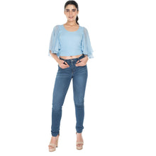 Load image into Gallery viewer, Hosiery Deep Neck Blouses - Butterfly Sleeves - Plus Size - Sky Blue - Blouse featured