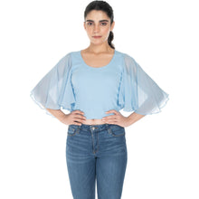 Load image into Gallery viewer, Hosiery Deep Neck Blouses - Butterfly Sleeves - Plus Size - Sky Blue - Blouse featured