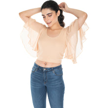 Load image into Gallery viewer, Hosiery Deep Neck Blouses - Butterfly Sleeves - Regular Size - Tan - Blouse featured