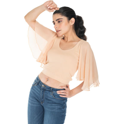 Hosiery Deep Neck Blouses - Butterfly Sleeves - Plus Size - Tan - Blouse featured