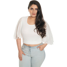 Load image into Gallery viewer, Hosiery Deep Neck Blouses - Butterfly Sleeves - Regular Size - White - Blouse featured
