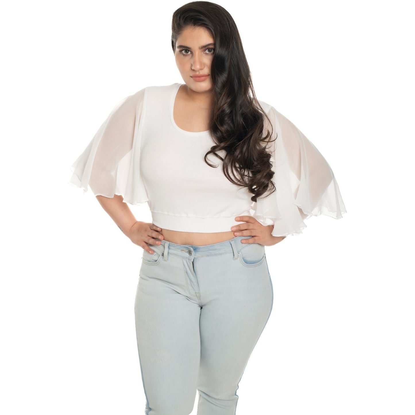 Hosiery Deep Neck Blouses - Butterfly Sleeves - Plus Size - White - Blouse featured