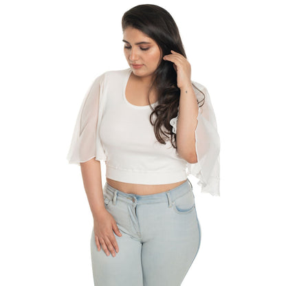 Hosiery Deep Neck Blouses - Butterfly Sleeves - Plus Size - White - Blouse featured
