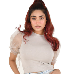 Hosiery Blouses with Puffy Organza Sleeves - Calm Ivory - Blouse featured