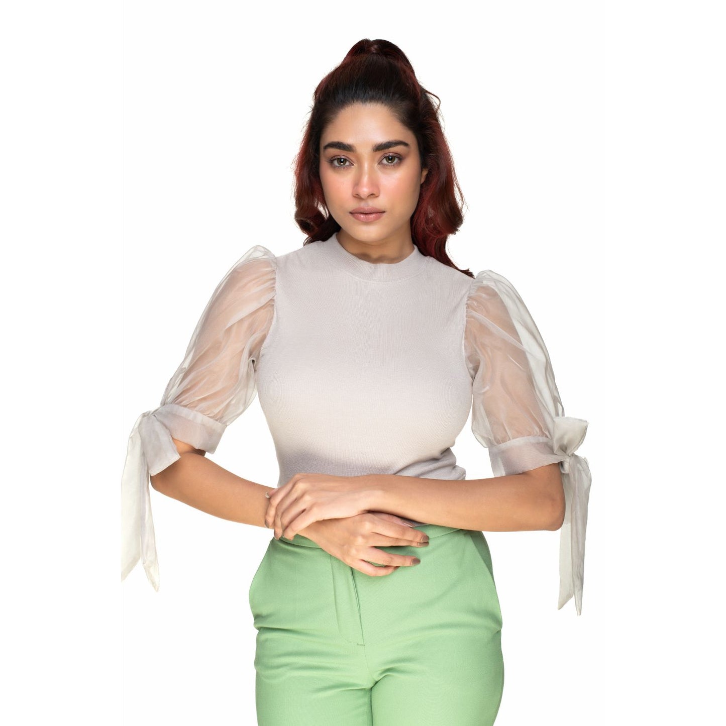 Hosiery Blouses- Bow Tie Up Sleeves - Calm Ivory - Blouse featured