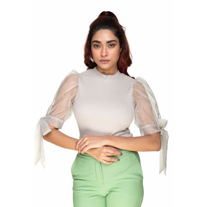 Hosiery Blouses- Bow Tie Up Sleeves - Calm Ivory - Blouse featured
