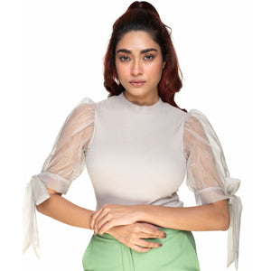 Hosiery Blouses- Bow Tie Up Sleeves - Calm Ivory - Blouse featured