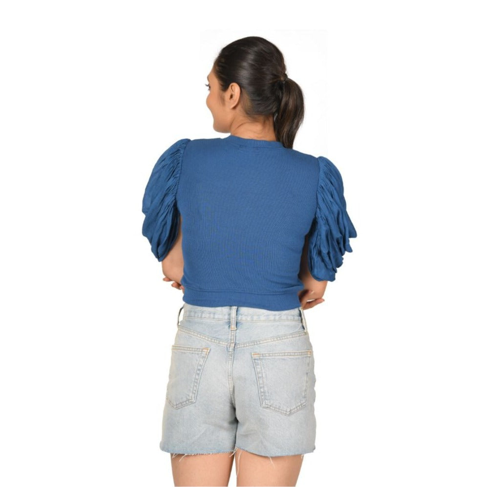 Hosiery Blouses - Mesh Pleated Sleeves - Azure Blue - Blouse - featured