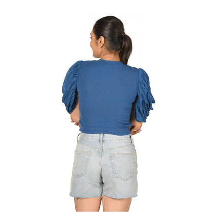 Hosiery Blouses - Mesh Pleated Sleeves - Azure Blue - Blouse - featured