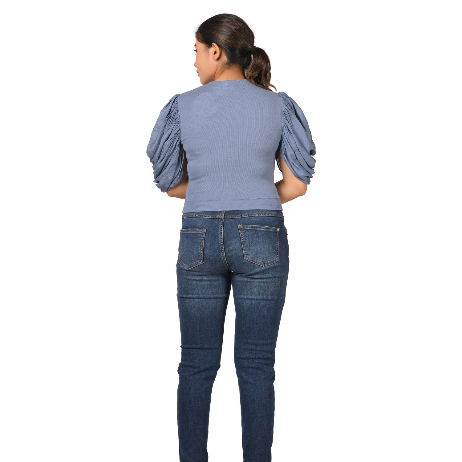 Hosiery Blouses - Mesh Pleated Sleeves - Brilliant Blue - Blouse featured