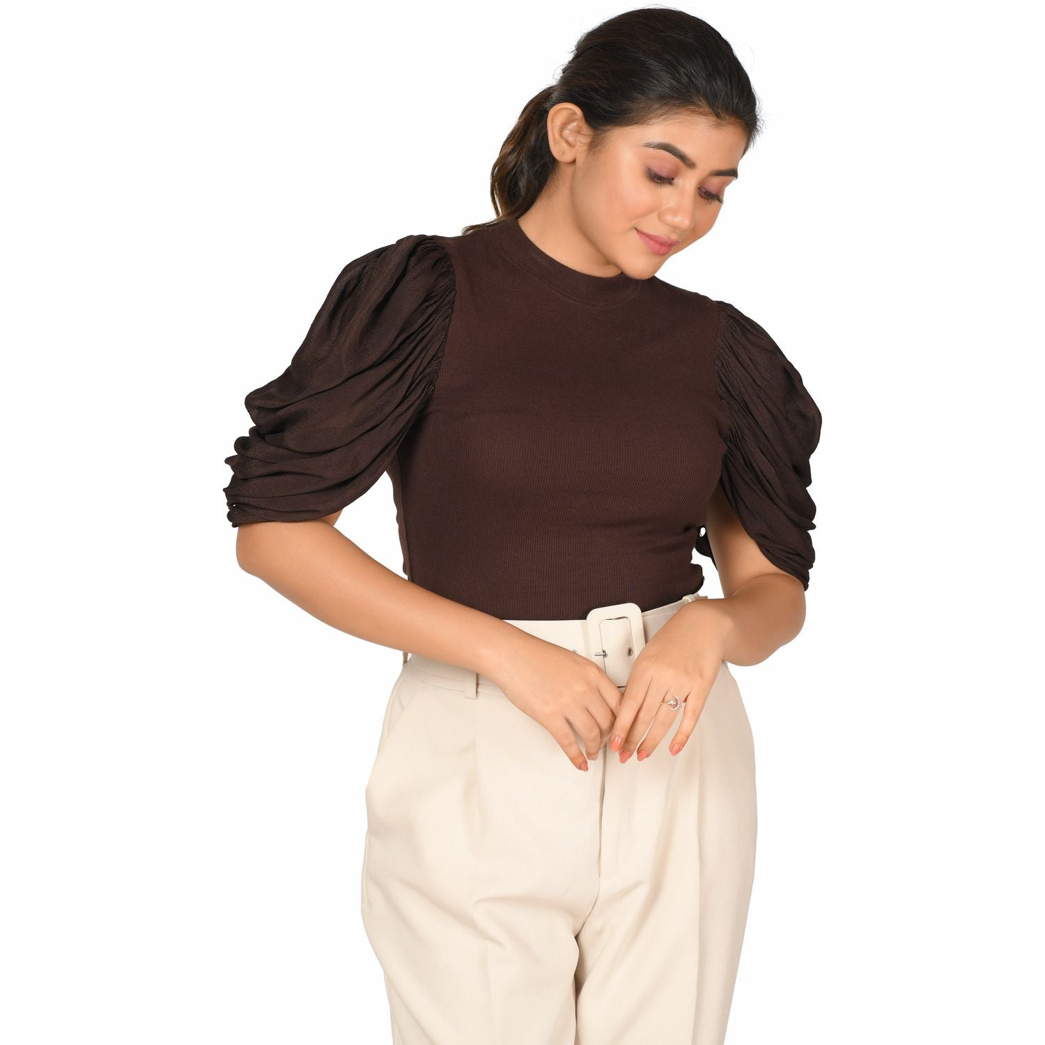 Hosiery Blouses - Mesh Pleated Sleeves - Dark Brown - Blouse featured