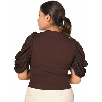 Hosiery Blouses - Mesh Pleated Sleeves - Dark Brown - Blouse featured