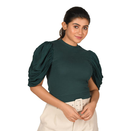 Hosiery Blouses - Mesh Pleated Sleeves - Green - Blouse featured