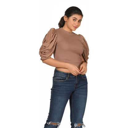 Hosiery Blouses - Mesh Pleated Sleeves - Light Brown - Blouse featured