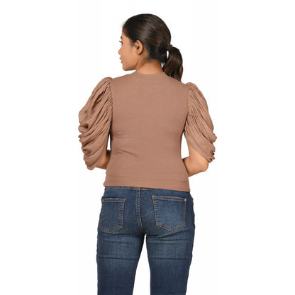 Hosiery Blouses - Mesh Pleated Sleeves - Light Brown - Blouse featured