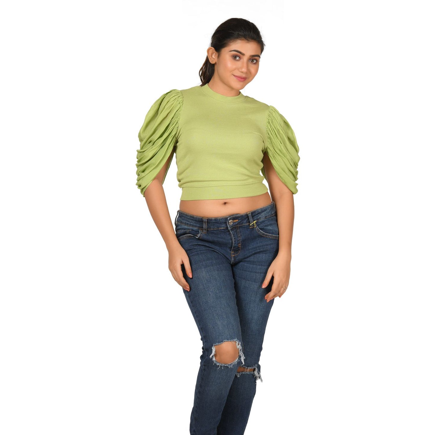 Hosiery Blouses - Mesh Pleated Sleeves - Lime Green - Blouse featured