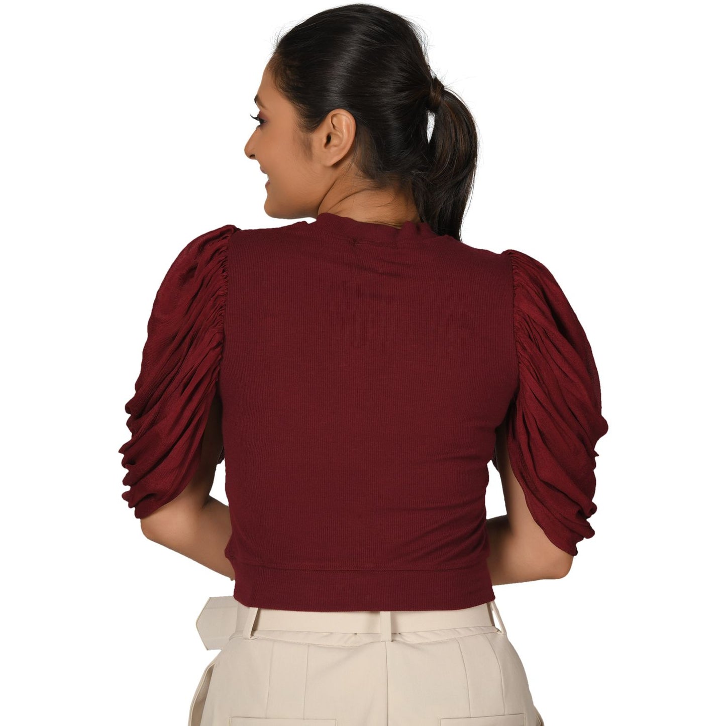 Hosiery Blouses - Mesh Pleated Sleeves - Maroon - Blouse featured
