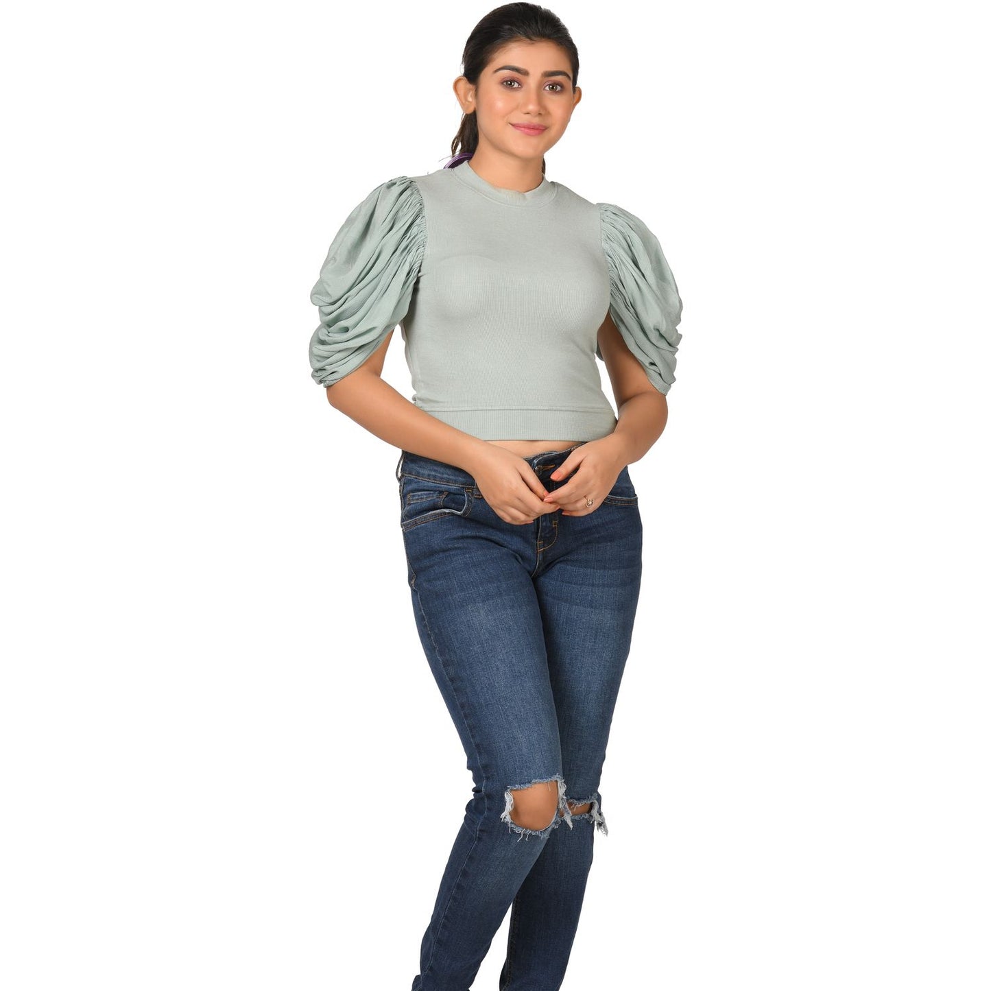 Hosiery Blouses - Mesh Pleated Sleeves - Mint Green - Blouse featured