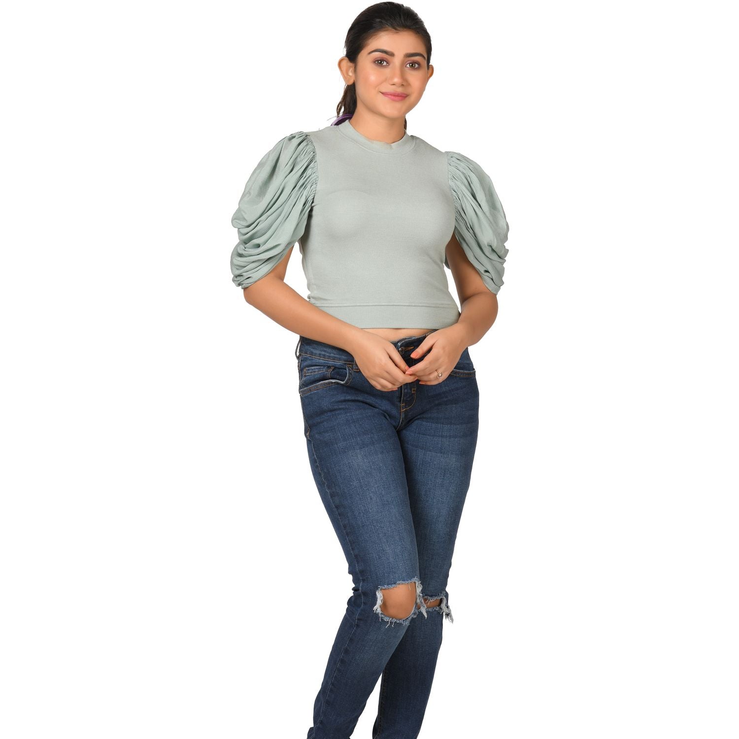 Hosiery Blouses - Mesh Pleated Sleeves - Mint Green - Blouse featured