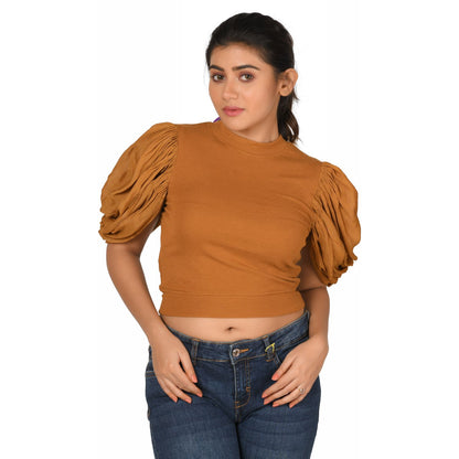 Hosiery Blouses - Mesh Pleated Sleeves - Mustard - Blouse featured