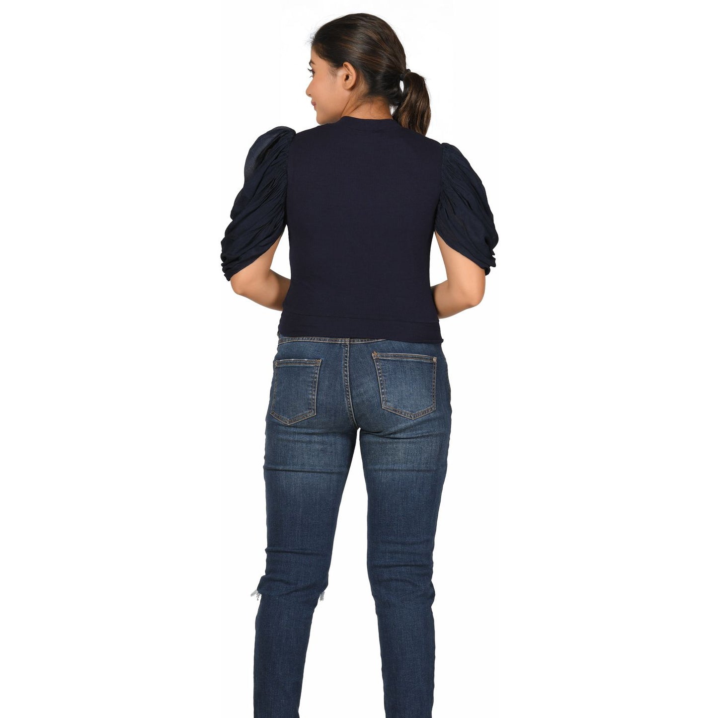 Hosiery Blouses - Mesh Pleated Sleeves - Royal Blue - Blouse featured