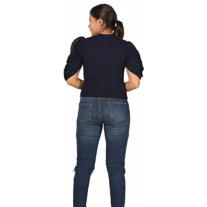 Hosiery Blouses - Mesh Pleated Sleeves - Royal Blue - Blouse featured