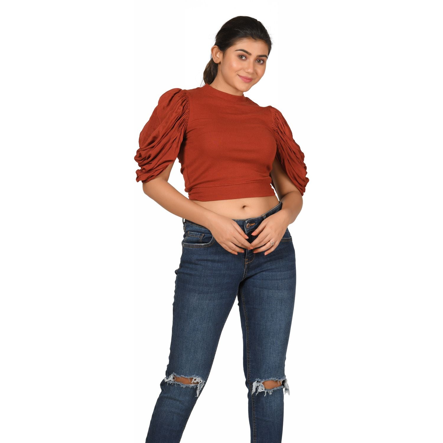 Hosiery Blouses - Mesh Pleated Sleeves - Rust - Blouse featured