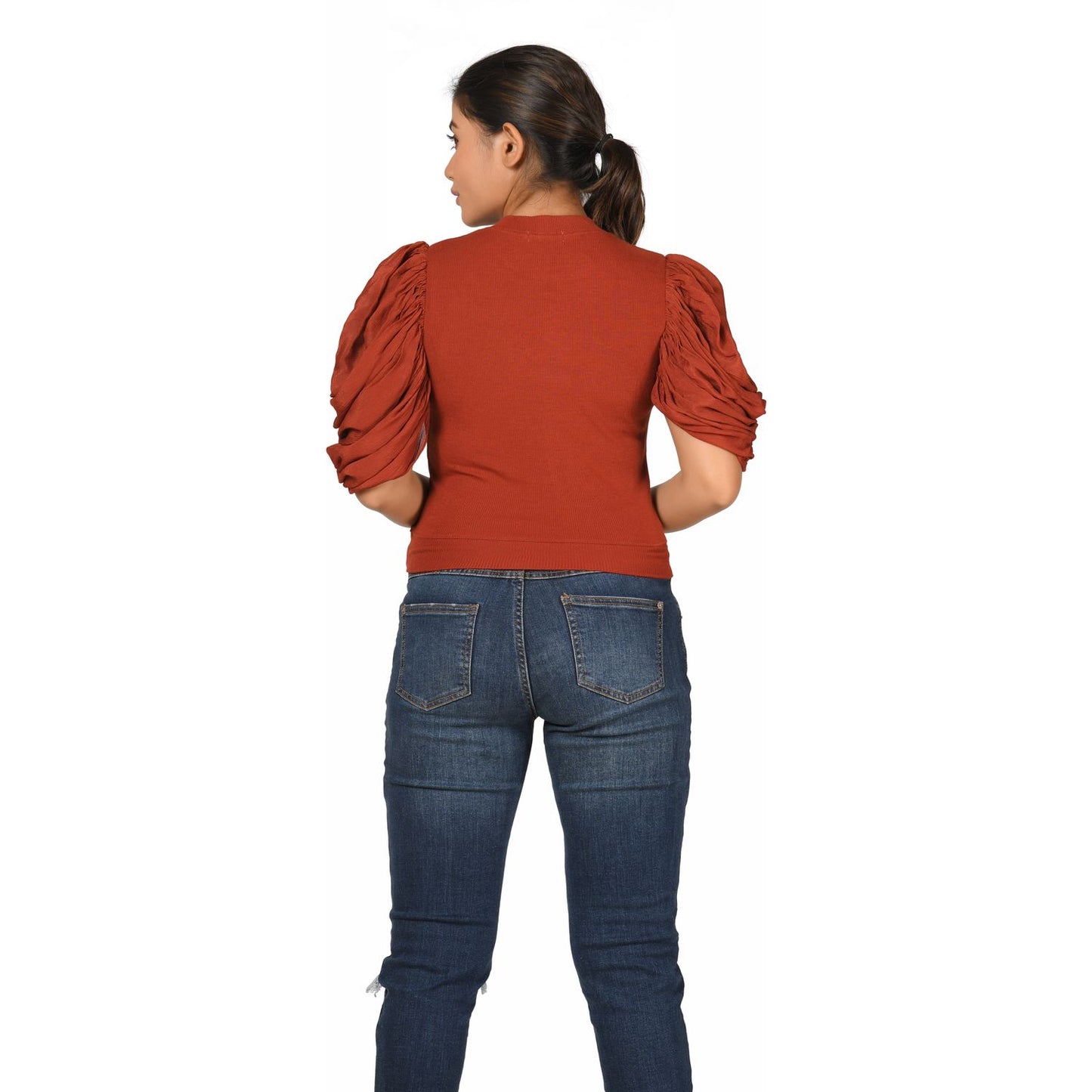 Hosiery Blouses - Mesh Pleated Sleeves - Rust - Blouse featured