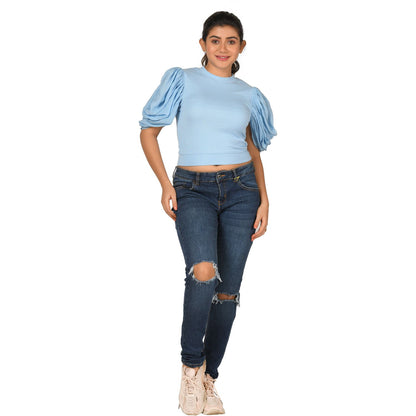 Hosiery Blouses - Mesh Pleated Sleeves - Sky Blue - Blouse featured