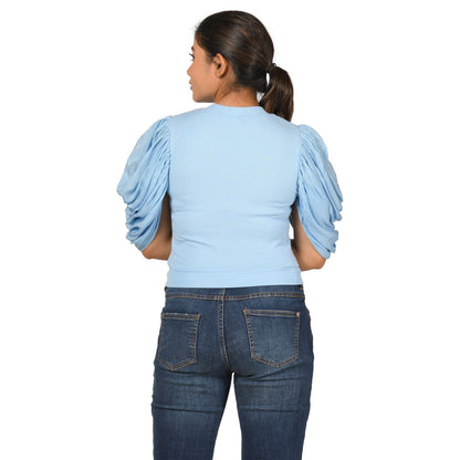 Hosiery Blouses - Mesh Pleated Sleeves - Sky Blue - Blouse featured