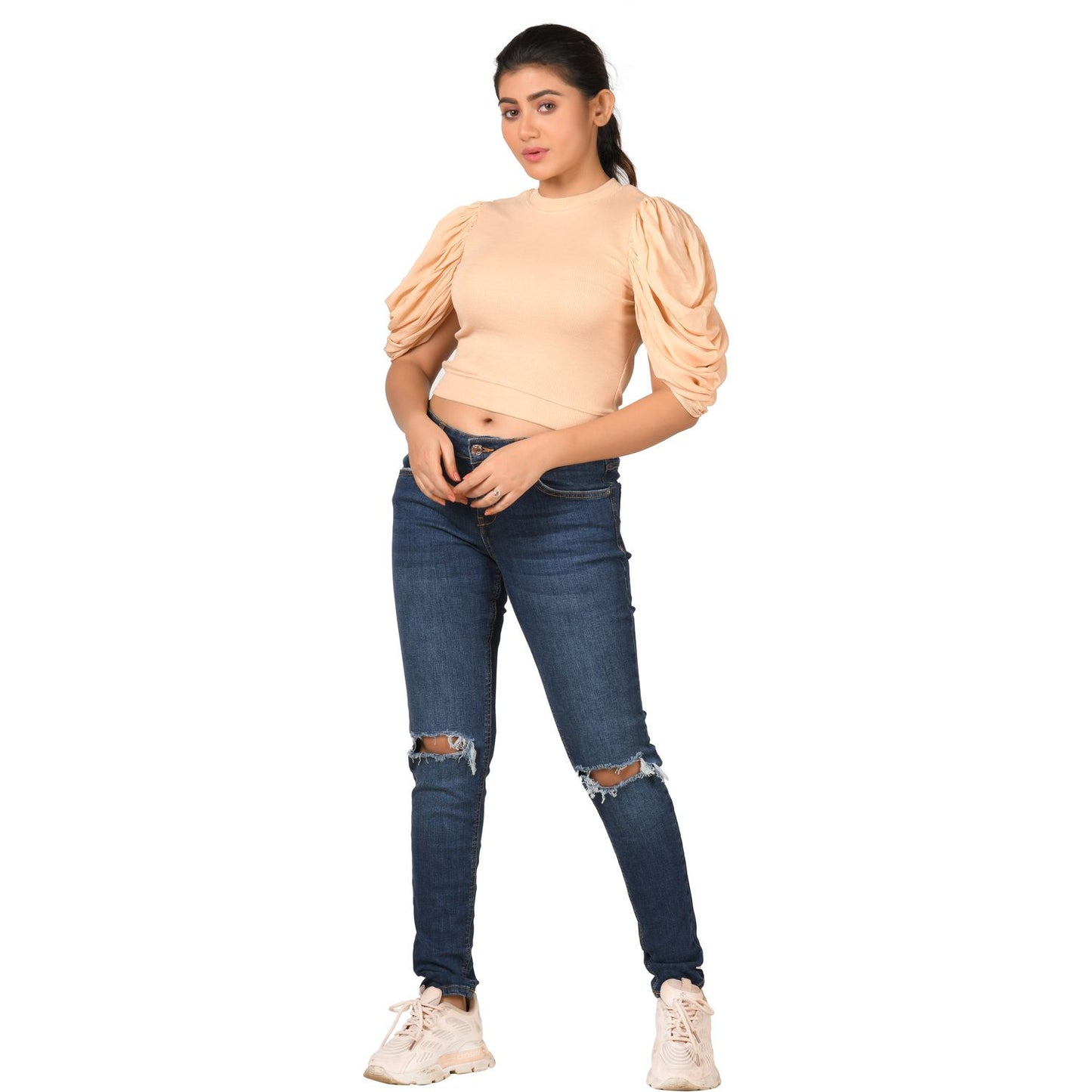 Hosiery Blouses - Mesh Pleated Sleeves - Tan - Blouse featured